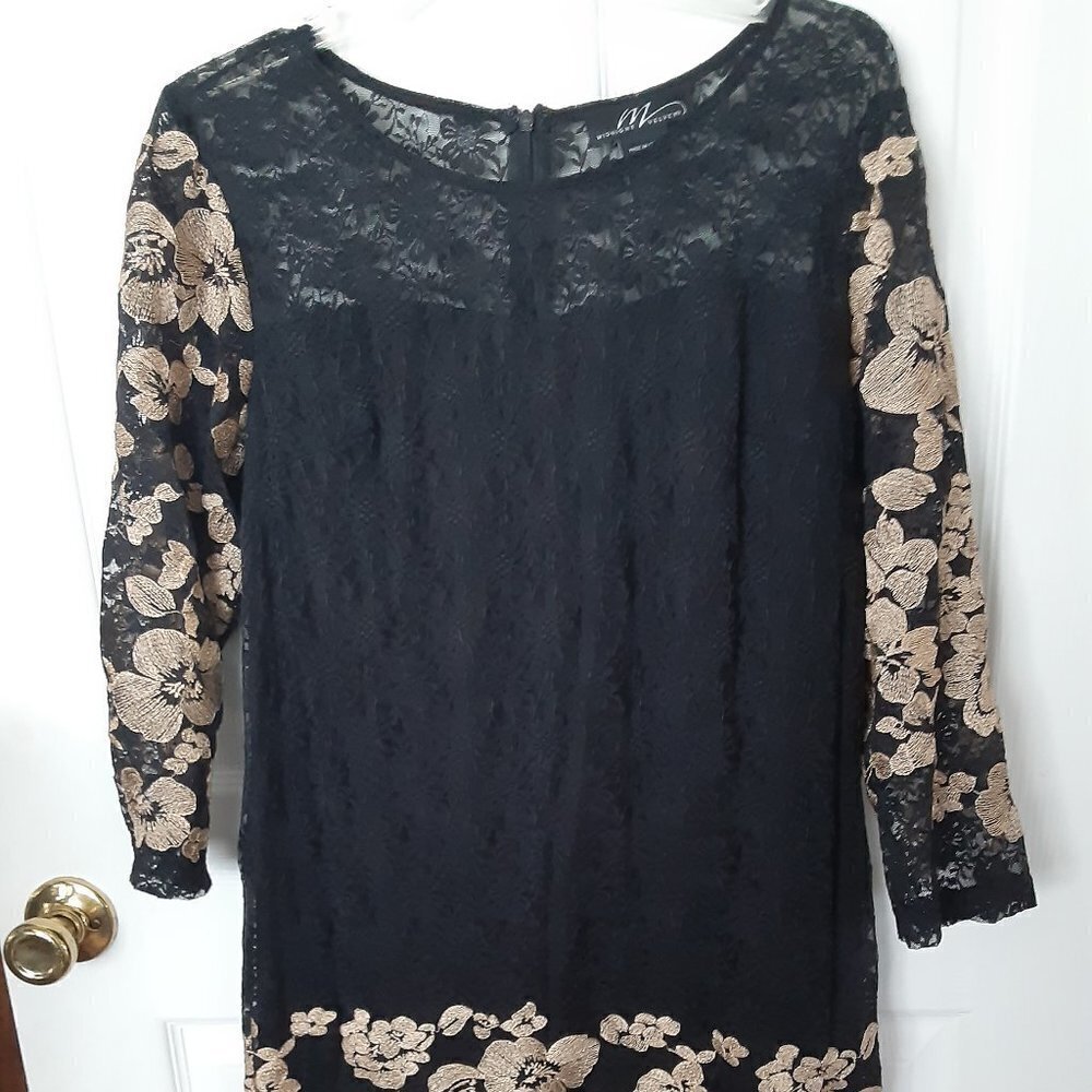 Midnight Velvet Black Dress  w/Gold Lace sleeves & bottom Size 12
